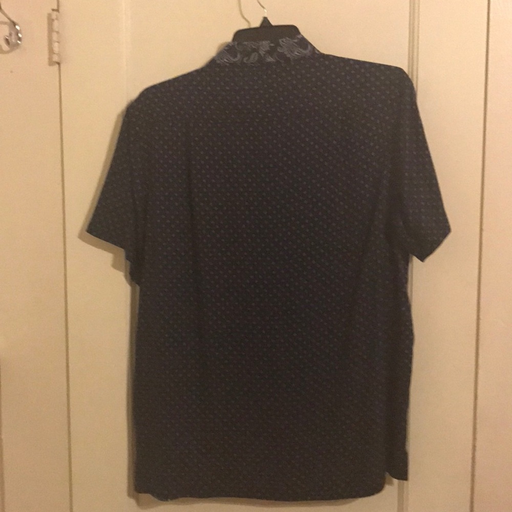 Navy blue print men's silk blended casual shirt 2X